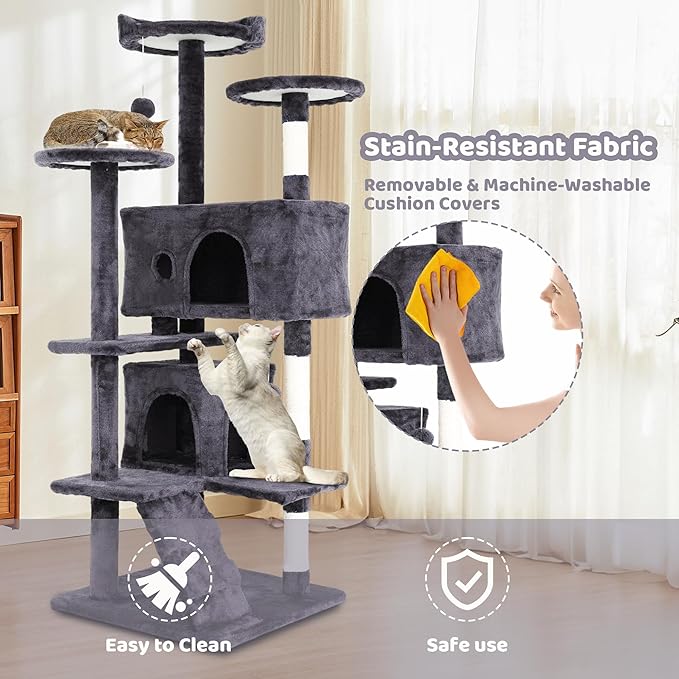 Large 54-Inch Cat Tree with Tower Condo - Cat Tower with Wrapped Sisal Scratching Post, Multiple Platforms, Hanging Baskets & Dangling Toy - Plush Cat Furniture for Indoor Cats - Light Gray