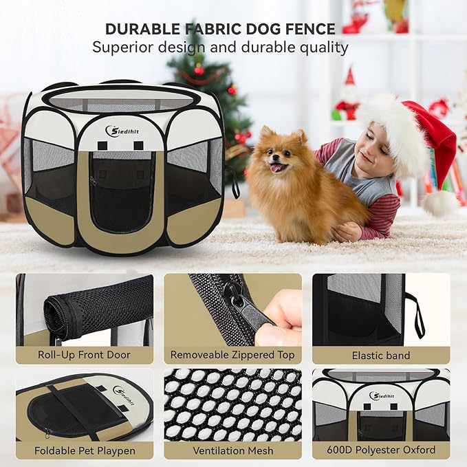 Siedihit Dog Cat Playpen, Medium Puppy Pet Playpen, Dog Crate Tent Cage Indoor/Outdoor, Portable Pop Up Dogs Kennel Playpen with Carrying Case for Dogs/Cats/Rabbits (Khaki,Medium)