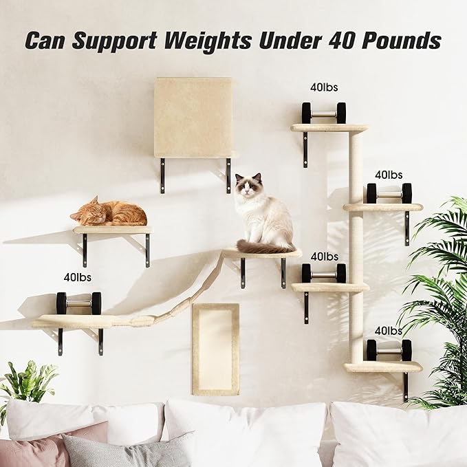 COZIWOW 5-Piece Cat Tree Set with Wall Mounted Cat Shelves, Cat Scratching Post & Cat Wall Furniture, Multi-Functional Indoor Cat Jungle Gym, Essential for Cat Room, Suitable for Large Cats(Beige)