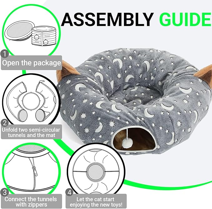 Cat Tunnel Bed Under Christmas Tree with Plush Ball Toy Playground Crinkle Collapsible Self-Luminous Flannel Fabric 3FT for Large Cats Kittens Kitty Small Animals Puppy Grey Moon Star