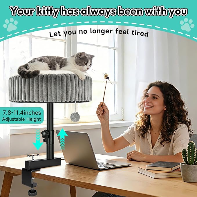 TNELTUEB Cat Desk Bed - 360° Rotating,Clamp On Cat Bed for Desks, Adjustable High Support Up to80 lbs for Office, Game Table, Island Tables, Desktop Attachment Hammock Grey