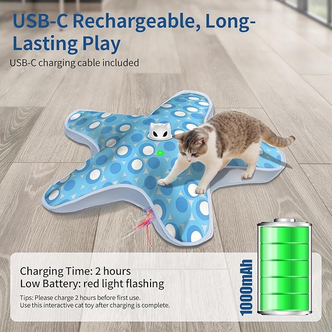 Rechargeable Interactive Cat Toys, Automatic Cat Toy for Indoor Cats, Durable Hide and Seek Cat Toy with Moving Concealed Feathers, Touch Activated Kitten Toys Cat Exercise Toys, Blue White Cover