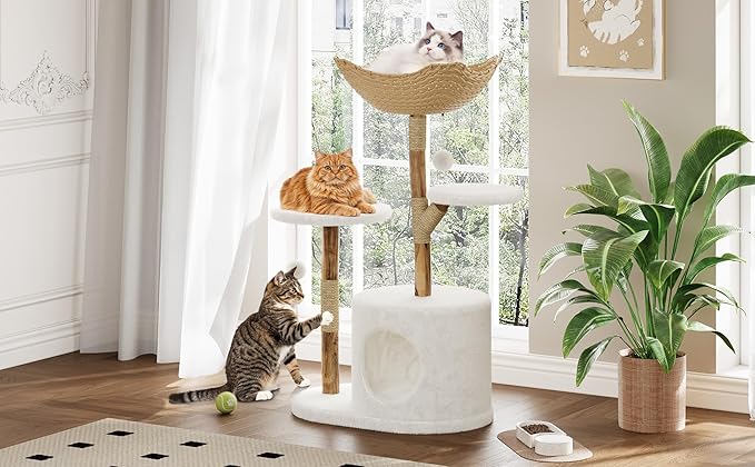 46-Inch Luxury Wooden Cat Tree Tower for Large Cats – Modern Real Branch Cat Condo with Spacious Basket, Sturdy Scratching Posts & Hanging Poms – Deluxe Indoor Cat Furniture