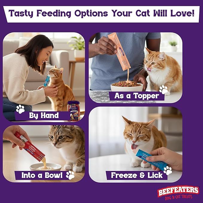 Beefeaters wet cat treats lickable 120 Count Puree Variety Pack - Salmon Tuna Chicken for Hydration & Training, Grain Free Taurine Enriched High Moisture, lickable cat treat squeeze up for Picky Eater