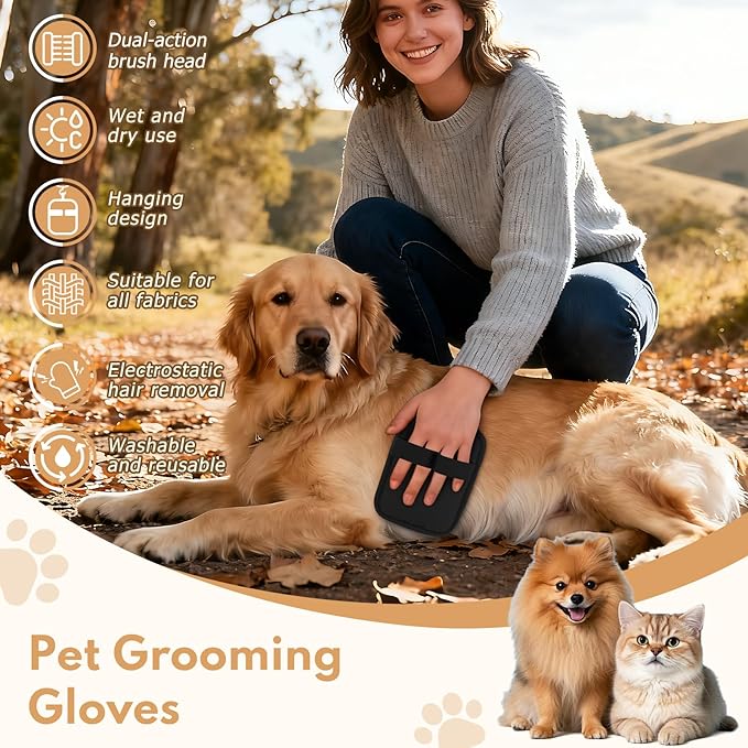 Rosvola 2PCS Pet Grooming Gloves, Double Sided Pet Hair Removal Gloves, Cat Dog Hair Removal Gloves, Pet Grooming Gloves Brush Tool for Carpet Couch Clothing Furniture (2)