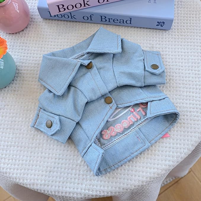 Denim Dog Jacket for Small Dogs & Cats, “Daddy’s Princess” Embroidered Pet Coat with Pearls & Bow, Light Blue Jean Outfit with D-Ring, Cute Apparel for Walks, Photos, Parties & Holidays(XS)