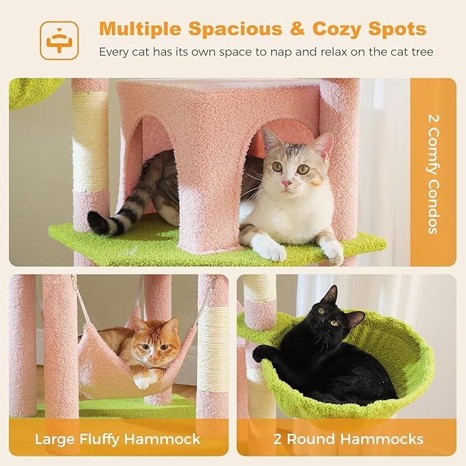 MUTTROS 71.2" Large Cat Tree for Multi-Cat Households - Heavy-Duty 9-Level Cat Tower w/5 Sisal Scratching Posts, 2 Condos, 3 Hammocks, Extra-Large Perch & Pompoms - Space-Saving, Pink