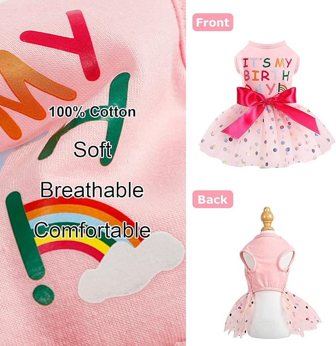 Dog Birthday Outfit Clothes for Small Medium Dogs, Print Colorful Polka Dot Mesh Dresses Girl Dog Clothes, Summer Tutu Princess Pet Puppy Clothing Doggie Outfits Cat Apparel, Large, Pink