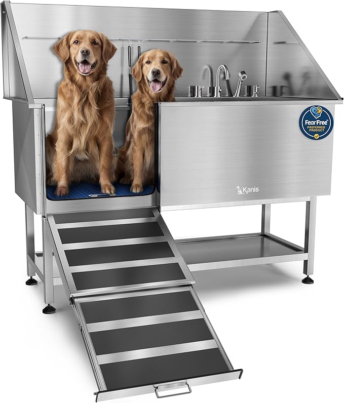 KANIS Professional Dog Washing Station 304 Stainless Steel Pet Wash Sink & Grooming Bathtub w/Shower, Floor Grates and Storage for Large, Medium & Small Pets (Silver, 61 Inches, Left Ramp, Shelf)