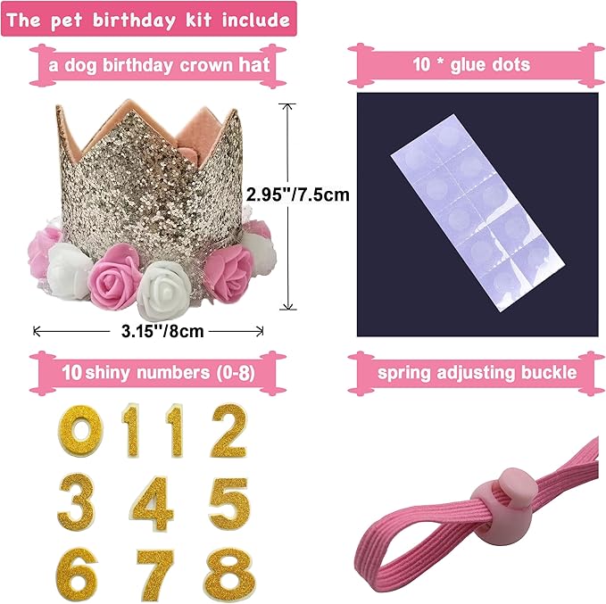 Dog Birthday Hat Adjustable Reusable Crown for Dogs Cats Puppy Kitten Birthday Party Headband with Numbers(Gold)