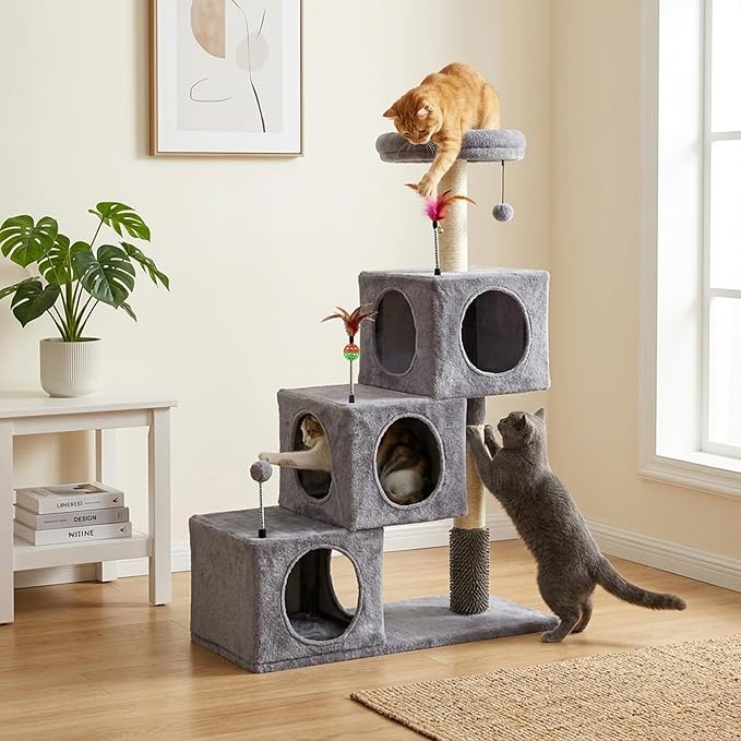 Cat Tree Tower for Indoor Cats, Cat Tree with 3 Spacious Cat Houses & Condos, Full Sisal Scratching Posts and Cat Scratcher Toys, Grey