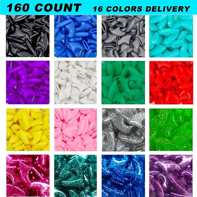 VICTHY 160pcs(16 Colors) Cat Nail Caps Cat Claw Caps Cat Nail Covers with Adhesives and Applicators (Large)