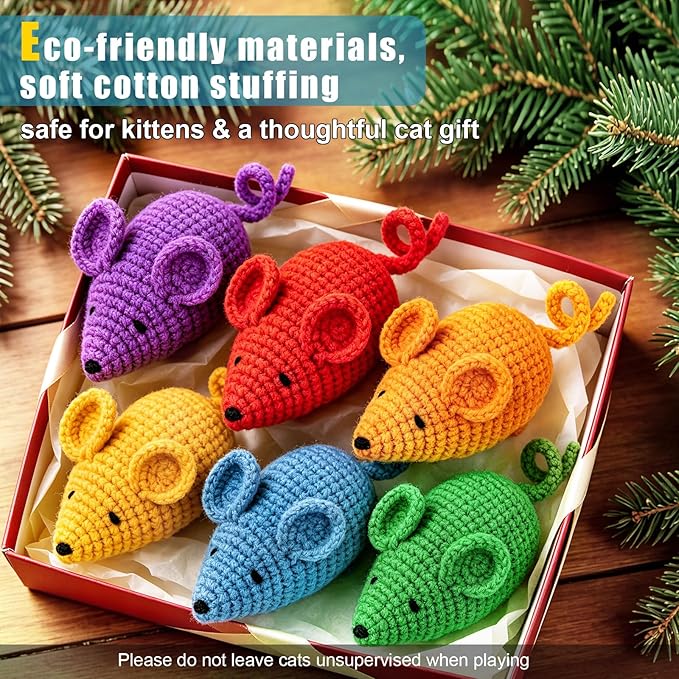 Retro Shaw Catnip Toys Crochet Mouse 6 Pcs - 100% Natural Catnip & Silvervine Blend Yarn Cat Nip Mice, Durable Hand-Knitted Teething Chew Toy for Indoor Cats & Kittens, Interactive Play & Dental Care