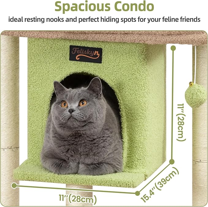 Cat Tree Tower Scratching Post for Indoor Large Cats, Small Cat Tree with Big Perch Bed, 28in Tall Trees House with Condo Cave, Toy Balls, Modern Climbing Furniture Platform for Kitten (Green)