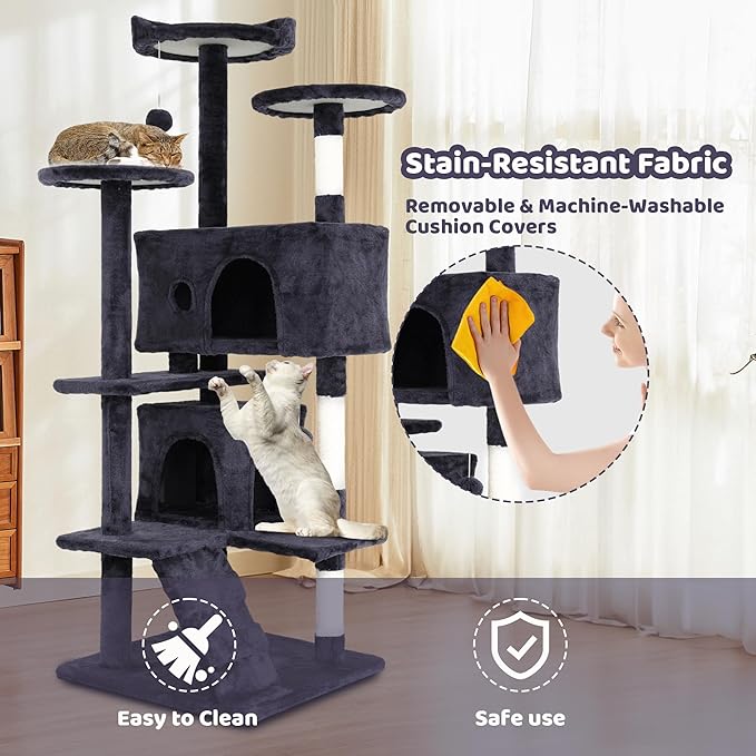 54 inch Cat Climbing Tower - Cat Tree with Jumping Platforms, Cat Condo & Play House for Indoor Cats - Modern Cat Furniture with Scratching Surfaces - Dark Gray