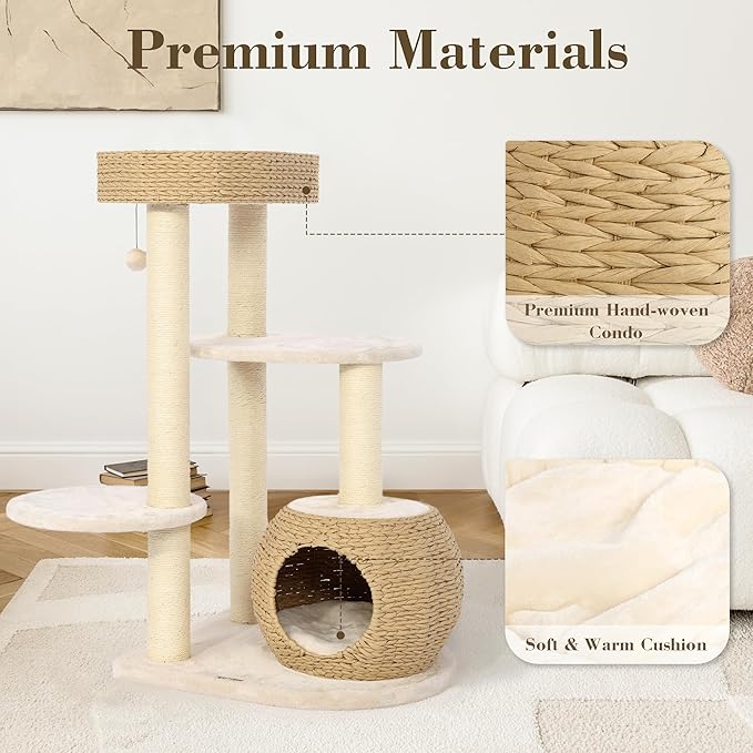 KAMABOKO 39 Inch Modern Cat Tree for Indoor Cats, Solid Wood Cat Tower with Natural Sisal Scratching Posts, Hand-Woven Cat Condo & Top Perch