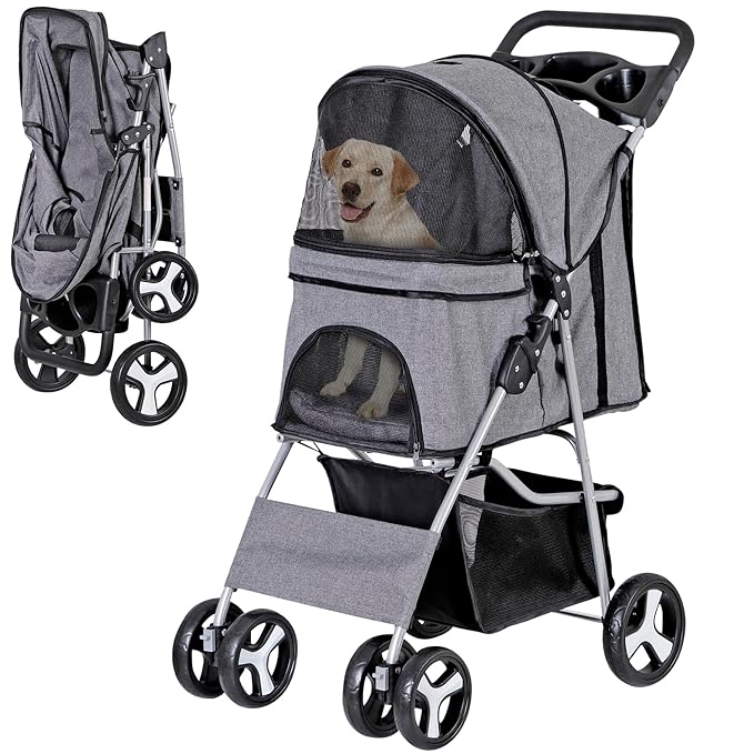 4 Wheels Foldable Pet Dog Cat Jogger Stroller Travel Carrier Strolling Cart w/Waterproof Cover Storage Basket Cup Holder & Removable Liner for Medium Small Cat Dog, Grey