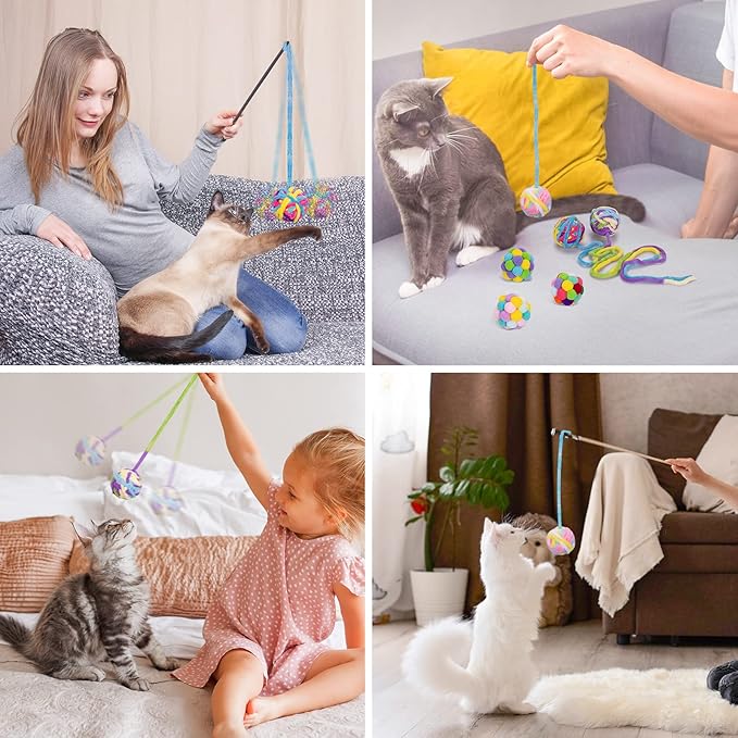 Retro Shaw Cat Toys Balls, 6Pcs Woolen Yarn Cat Balls with Bells Inside, Interactive Kitten Toys for Indoor Cats Kitty, Soft Pompom Jingle Ball with String Cat Nip Toys