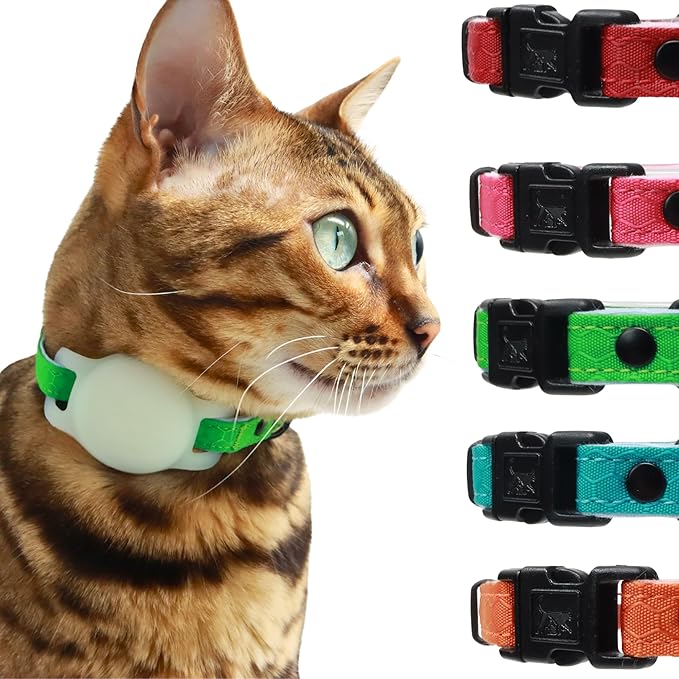 OutdoorBengal Breakaway Cat Collar + Airtag Holder, No Bell - Compatible Silicone Case, Breakaway Airtag Cat Collar for Apple Air Tag - Waterproof Tracking Collars for Boy, Girl, Cats, Kittens (Pink)