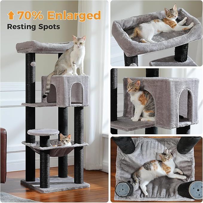 MUTTROS Large Cat Tree with Reinforced Scratching Posts (φ3.7in) for Big Adult Cats 30 lbs, 57.8" Heavy Duty Cat Tower with Larger Hammock and Condo, Cat Furniture for Maine Coon, Plush,Black