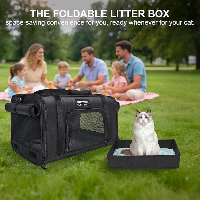 Soft Sided Cat Carrier Airline Approved up to 15lbs, 17x11x9.5 Inch Ventilated Pet Travel Bag with Foldable Litter Box & Storage, Portable Cat Transport Carrier for Flights Car Vet Black