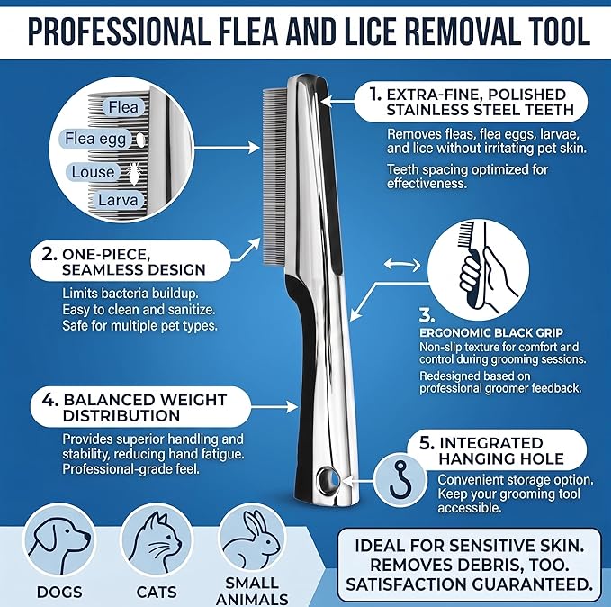Resco Professional Flea and Face Comb, Anti-Static for Grooming Pets Very Fine Pin Spacing, Chrome
