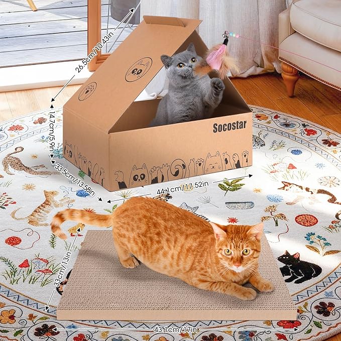27.6'' Cardboard Cat Scratcher Bed - Extra Large Scratching Couch for Indoor Cats - Lounger Scratch Box with Cat Teaser Wand Toy and Catnip