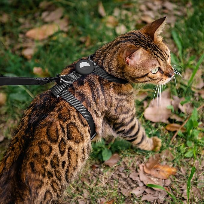 Cat Harness and Leash Set with Airtag Holder for Walking & Travelling, Escape Proof Cat Harness for Small Medium Large Kitten, Adjustable Lightweight Soft Cat Vests (Black)