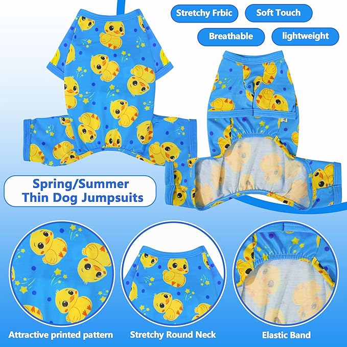 Dog Pajamas Summer Cute Print Puppy Jumpsuit Thin Dog Onesie Small Dog Clothes with Comfy & Elastic Frbic Puppy Pjs(Blue Duck, Medium)