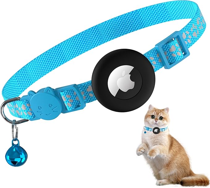 Meliya Airtag Cat Collar Breakaway with Bell, Adjustable Reflective Pet Kitten Collar with Apple Air Tag Holder Case for Girl Boy Cats (Footprints Blue)