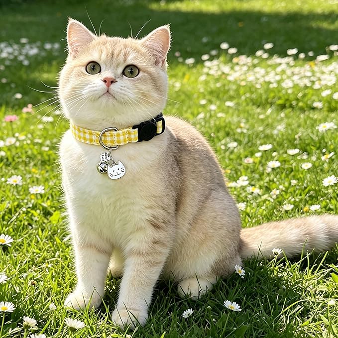 2 Pack Cotton Breakaway Cat Collars with Bell and Charms Yellow Solid Plaid Safety Collars for Girl Boy Cats, Cat Head and Paw Pendant Cute Kitten Collars