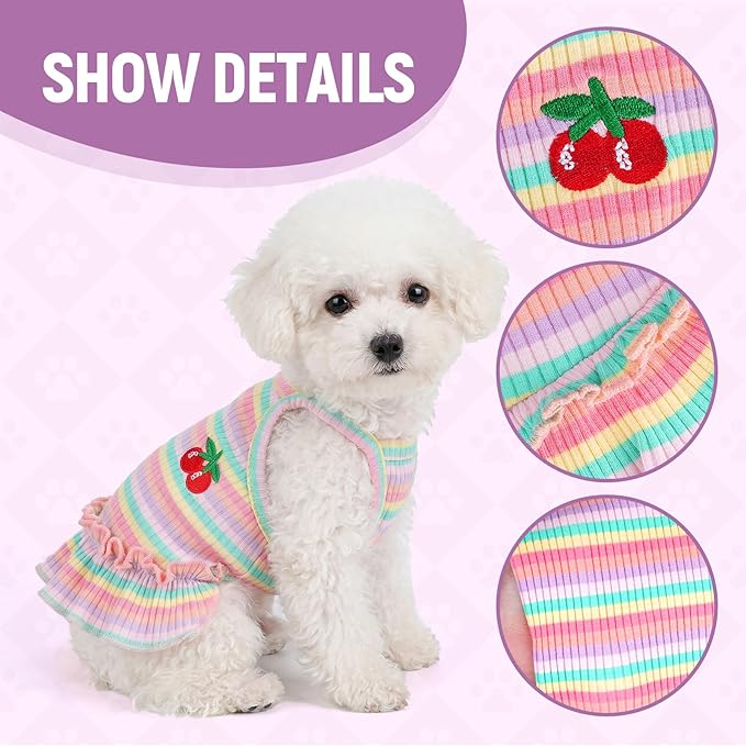 Jmkcoz Cute Striped Dog T Shirts Cherry Puppy Dress Soft Cotton Pet Sleeveless Vest Clothes Spring Summer Pet Outfits for Small Dogs Cats Girl (Pink, Medium)