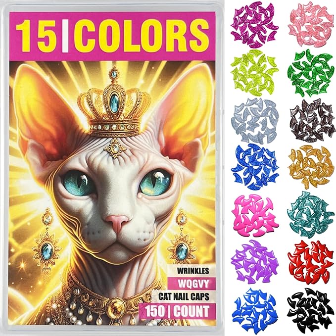 15 Colors | 150 pcs Cat Nail Caps | Cat Claw Covers Tips with Adhesives and Applicators (S)