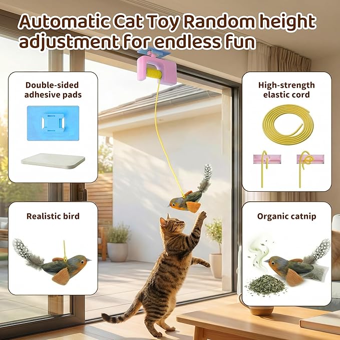Interactive Cat Toys for Indoor Cats, Automatic Cat Hanging Toys for Bored Adult Cats, Cat Toys Realistic Bird with Catnip and Feather Chase Exercise Door Frame Cat Self Play Toys Pink