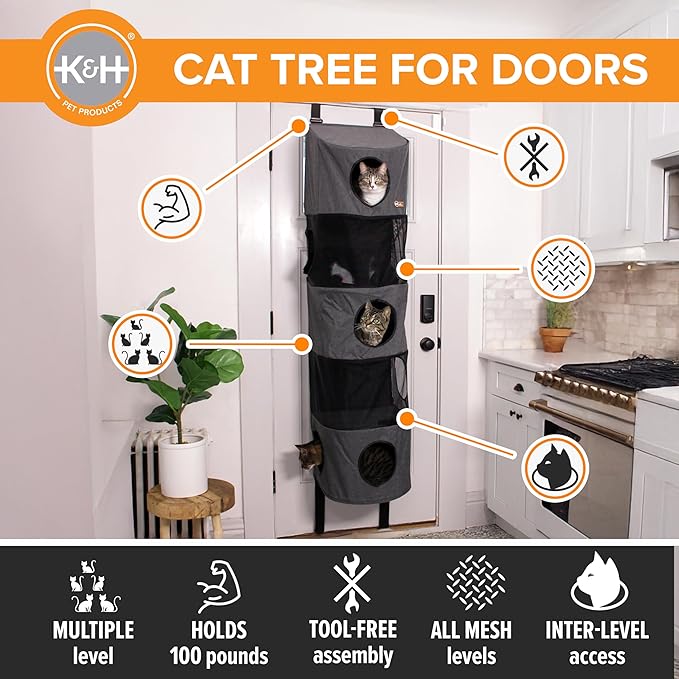 K&H Pet Products Hangin Cat Tree Condo 5 Level Door Mounted Cat Furniture, Space Saving, Mesh Levels, Peep Holes, Interconnecting Levels, Collapsible, Tool-Free Assembly - Gray - Fits Doors <80in H