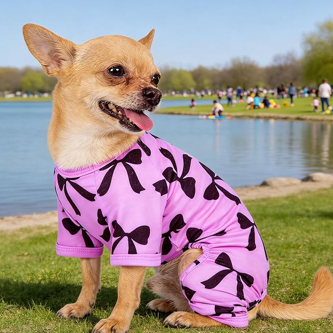 Dog Pajamas Summer Cute Print Puppy Jumpsuit Thin Dog Onesie Small Dog Clothes with Comfy & Elastic Frbic Puppy Pjs(Violet Bowknot, X-Small)