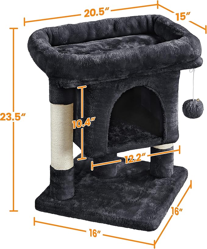 Topeakmart Cat Tree with Extra Large Plush Perch, Soft Cat Condo & Sisal-Covered Scratching Posts for Large Cats, Kittens Cats, 23.5 Inches, Black