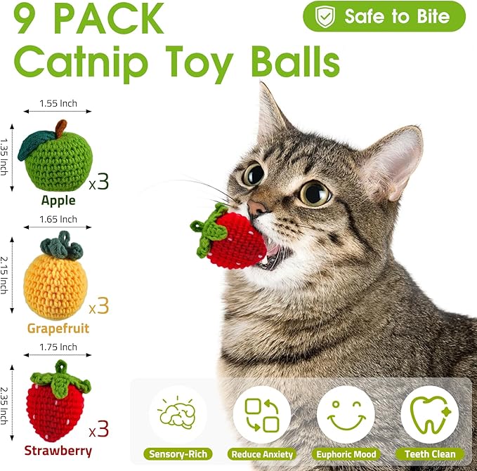 9-Pack Catnip Cat Toys Balls, Handmade Yarn Balls with Natural Silvervine Gall Fruit, Interactive Cat Nip Ball Toys for Indoor Kitten Kitty Enrichment & Stress Relief