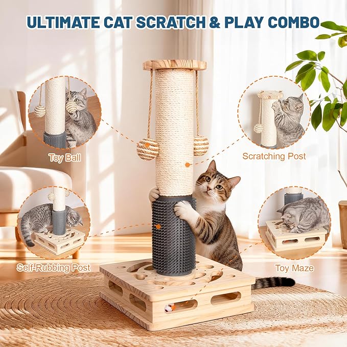 20.5 Inch Cat Scratching Post, 4-in-1 Interactive Maze Base with Cat Self Groomer, Natural Pine Wood & Premium Sisal Scratching Pole, Anti-Slip Detachable Design for Indoor Cats