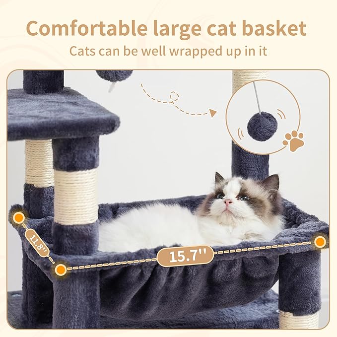 Heybly Cat Tree, Kitten Tower with Large Soft Cat Basket,Cat Condo with Spacious Cat Bed Cave with Hidden Space，Sisal-Covered Scratching Posts,Dangling Ball for Indoor Cats, Smoky Gray HCT008SG