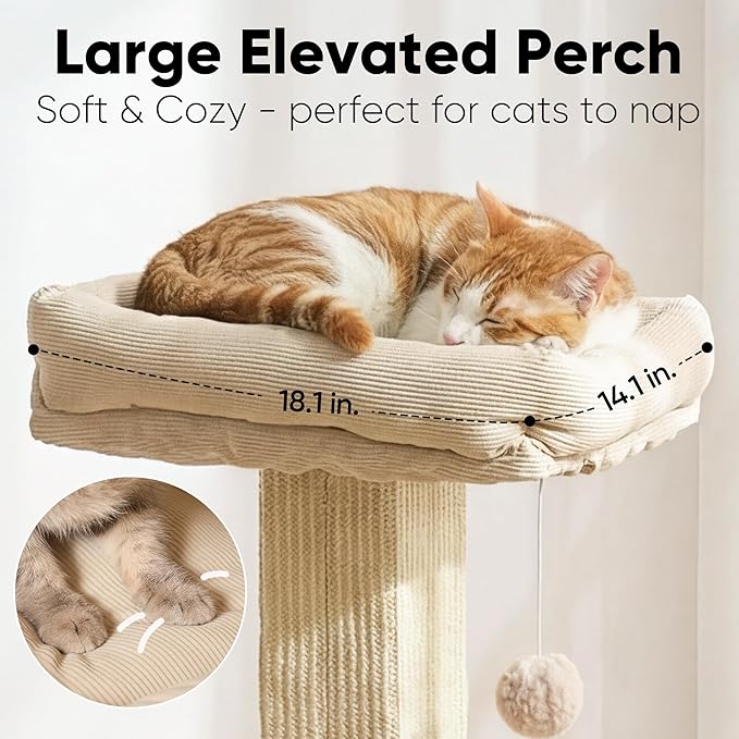 FUKUMARU Cat Scratching Post, Modern Style Tall Scratch Posts with Perch for Infoor Cats Adults, Large Cat Scratcher Tower with Bed, Small Tree with Raised Stand, Natural Sisal & Solid Wood