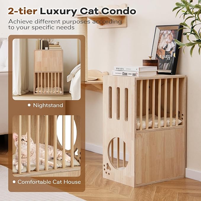 PETSITE 2-Storey Wood Cat House for Indoor Cats, Natural Wooden Double Decker Cat Condo with Removable and Washable Soft Cushions, Air Vents, and Side Entries, Modern Pet Furniture Side Table