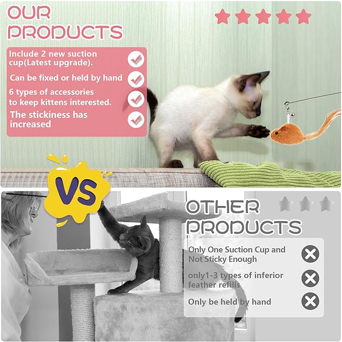 Assortment of Cat Feather Toy,Cat Wand Toy Pack,Interactive Bird Simulation Cat Toy Set with Sticky Super Suction Cup,Include Detachable Replacements Feathers Toys (Small, 6PC Set)