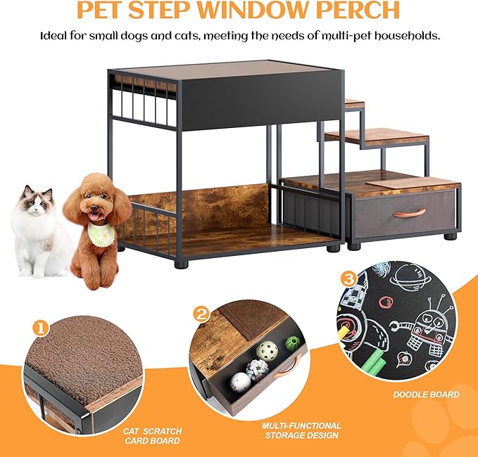Pet Step Window Perch with Stairs and Storage Drawer, Bunk Beds for Dogs and Cats, Bedside Lounge Elevated Dog Bed Multi-Level Platform with Sponge, Non-Slip Pad, Vintage (47.3" Lx19.7 Wx25.6 H)