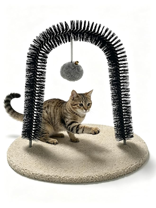 Cat Arch Grooming Brush, Self Groomer wtih Solid Wood Scratching Pad Rubbing Post & Toy with bell Pet Scratchers Fur Massager Cat Face Head Self Grooming Brush for Kittens Small Cats