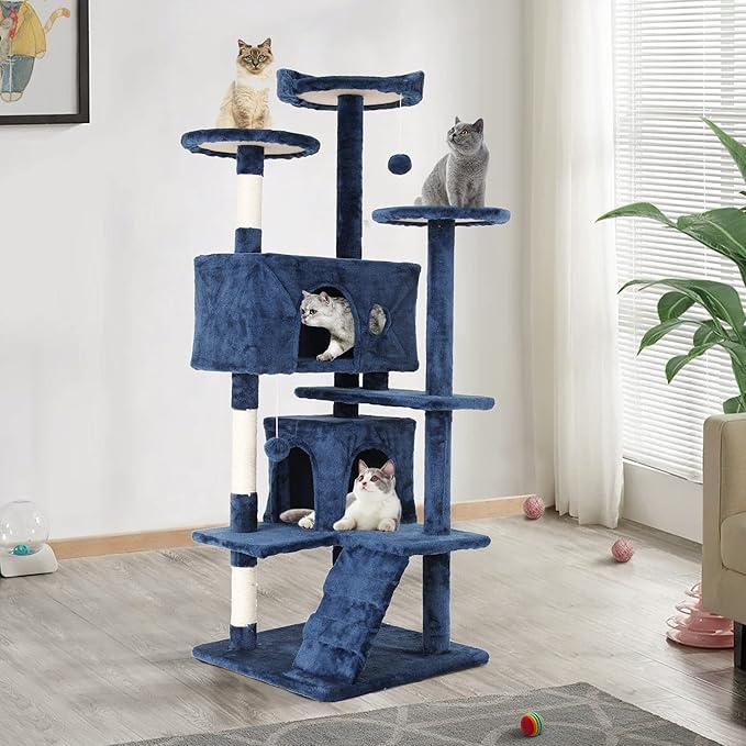 54 Inch Tall Cat Tree Tower: Multi-Level Cat Condo with Scratching Post, Toys & Kitten Rest, Navy Blue