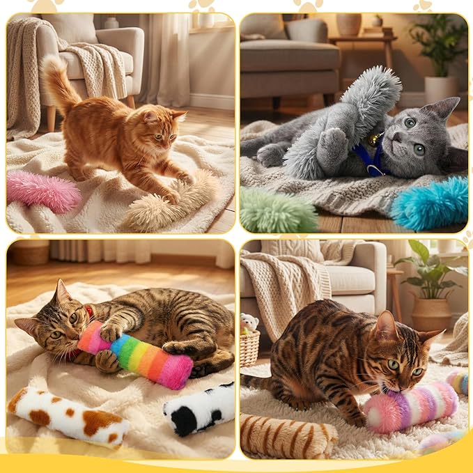 Leitee 12 Pcs Cat Toys Pillows Bulk with 1 Cat Paw Gift Storage Bags Set Interactive Kitty Toys Variety Furry Color Soft and Durable for Kitty Exercise Valentine's Day Plush Gifts