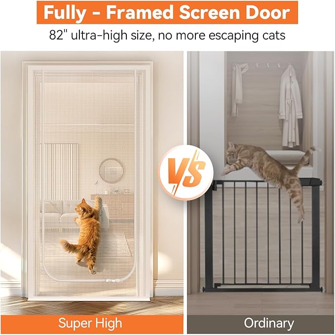 BFNN Cat Screen Door, Extra Tall Cat-Proof Mesh Gate, Fit Door Size 34'' x 82'', Anti Scratch Mesh with Zipper Closure, for Living Room, Kitchen, Bedroom (White, U-Shaped)