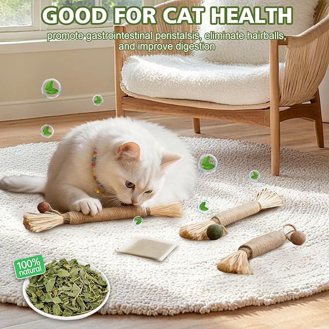 WOUSEDO 7 Pack Silvervine Sticks Cat Toy for Cats with Catnip & Matatabi Ball, Natural Chew Toys for Anxiety Relief & Dental Care, Teeth Cleaning Sticks for Indoor Cats & Kittens