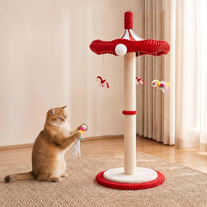 Carousel Interactive Cat Toys for Indoor Cats, 39" Tall Cat Scratching Posts for Indoor Cats Adults with Rotating Top, Cute Cat Scratch Post with Hanging Cat Toys, Large